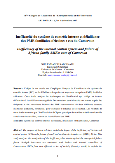 Cover of INNEFICACITE DU SYSTEME DE CONTROLE INTERNE ET DEFAILLANCE