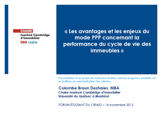 Cover of LES AVANTAGES ET ENJEUX DU MODE PPP CONCERNANT LA PERFORMANCE DU CYCLE DE VIE DES IMMEUBLES