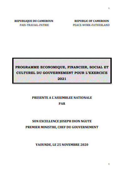 Cover of PROGRAMME ECONOMIQUE FINANCIER SOCIAL ET CULTUREL CAMEROUN 2021