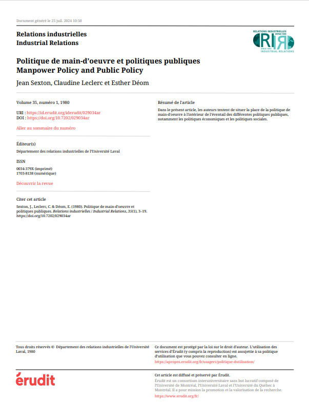 Cover of POLITIQUE DE MAIN DOEUVRE ET POLITIQUE PUBLIQUE